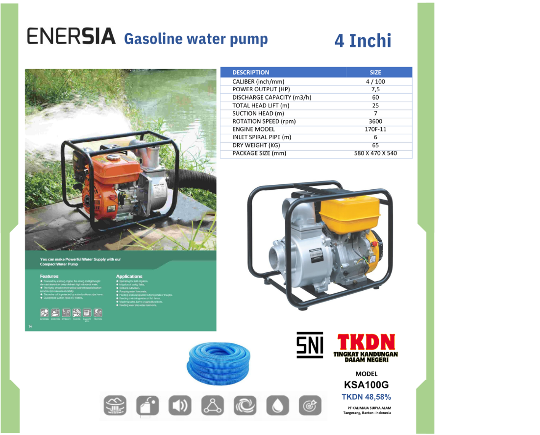 Pompa Air Irigasi Enersia Gasoline KSA100G / 4 Inchi